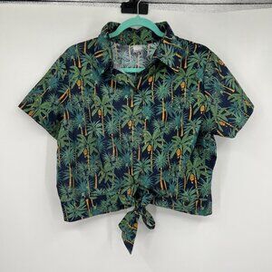 Hemet Women's Blouse Sz L Cropped Tie Front Palm Trees Tropical